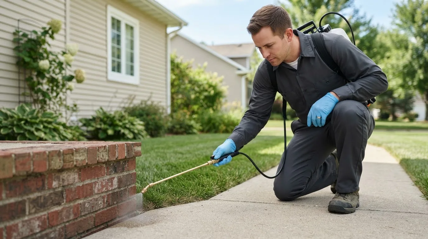 Pest control technician treating a home near Mountain View, OK
