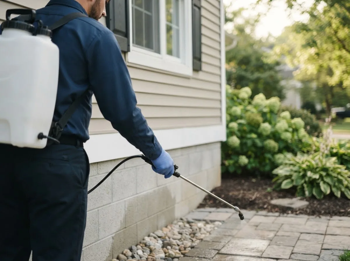 Pest control technician inspecting a home in Mountain View, OK